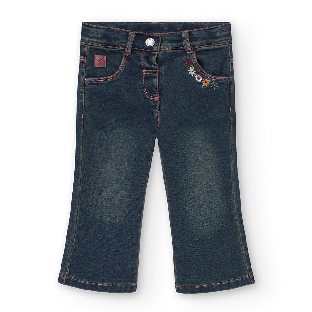 
Denim pants from the Boboli Girl's Clothing Line, with a flared pattern and embroidered little f...