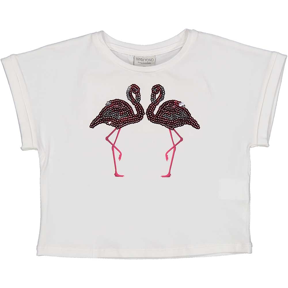 Top from the Trybeyond Girls' Clothing Line, with short square model and flamingo design on the f...