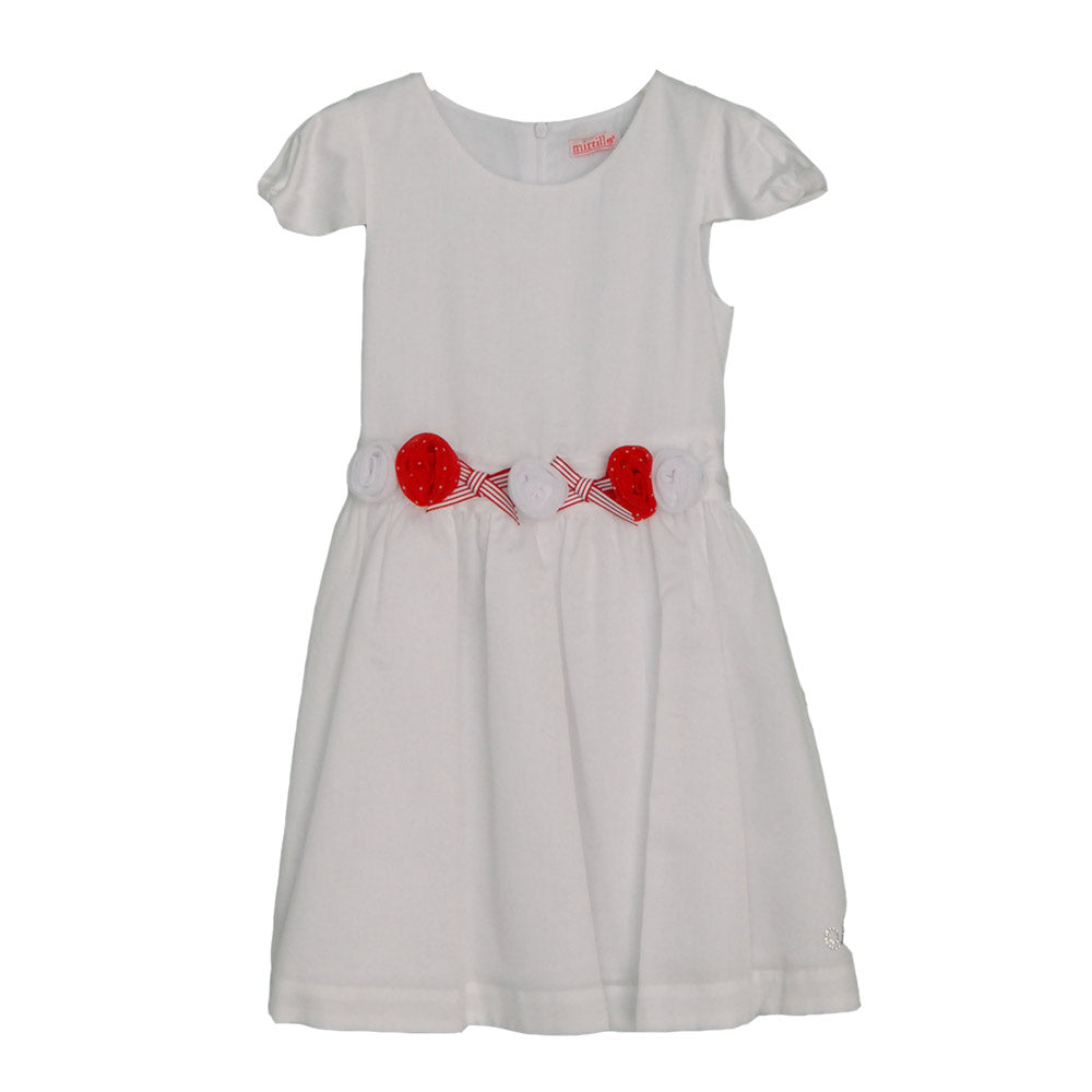 Muslin dress from the Mirtillo girl's clothing line. Solid color with belt at the waist with appl...