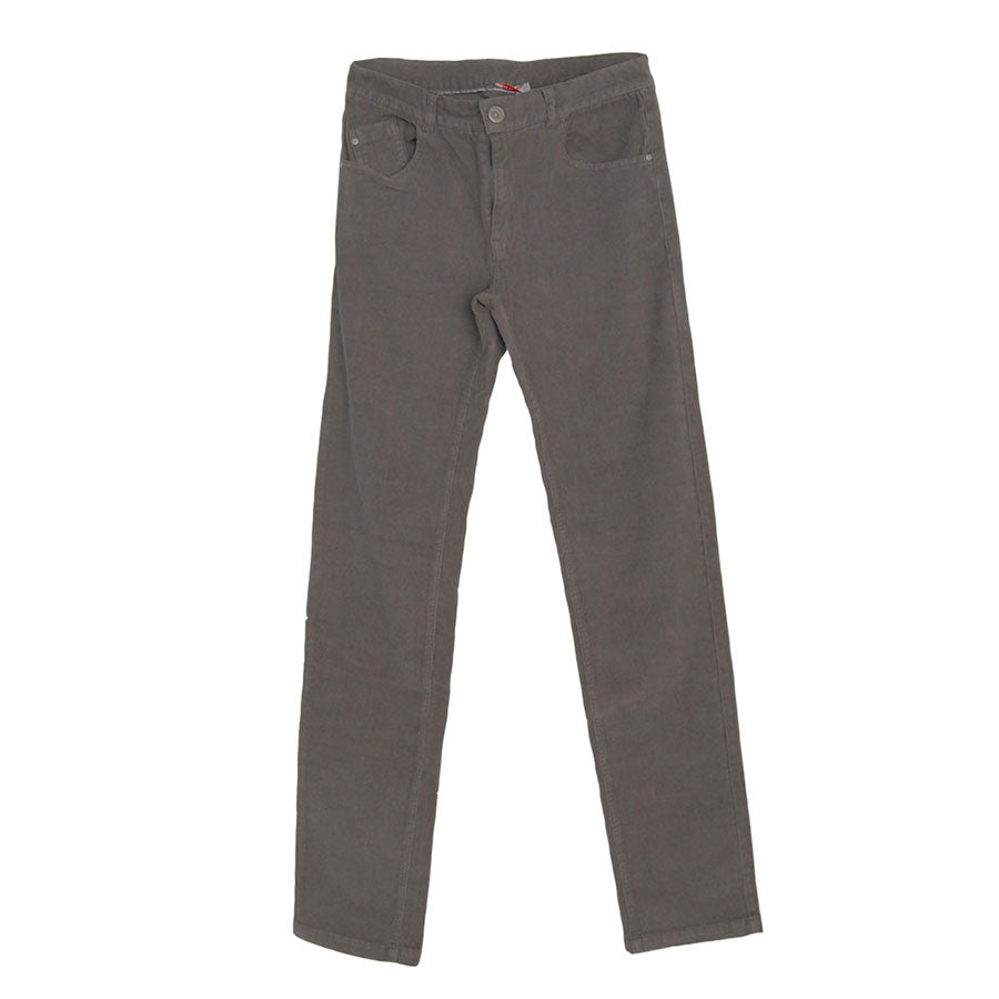 
  Striped velvet trousers from the Mirtillo children's clothing line. Model
  five plain pockets...