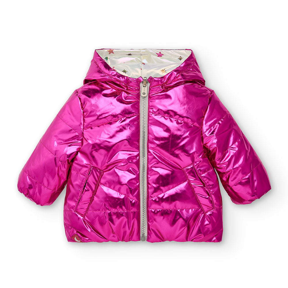 Reversible down jacket from the Tuc Tuc girls' clothing line, with a solid fuchsia color and a st...